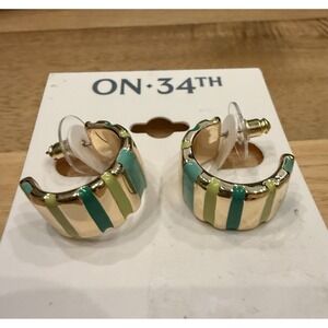 On 34th Gold Tone Blue &‎ Green Enamel Striped Open Hoop Stud Earrings 1 "